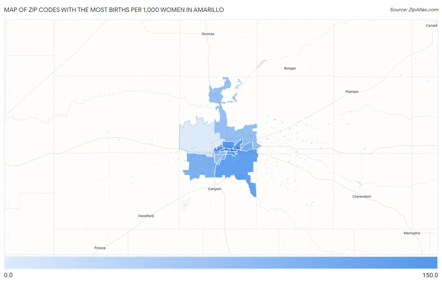 Zip Codes with the Most Births per 1,000 Women in Amarillo Map
