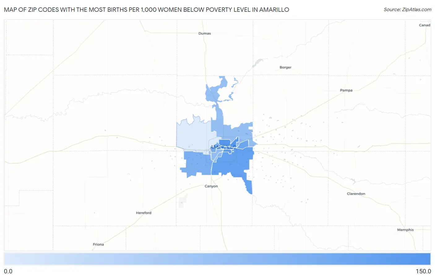 Zip Codes with the Most Births per 1,000 Women Below Poverty Level in Amarillo Map