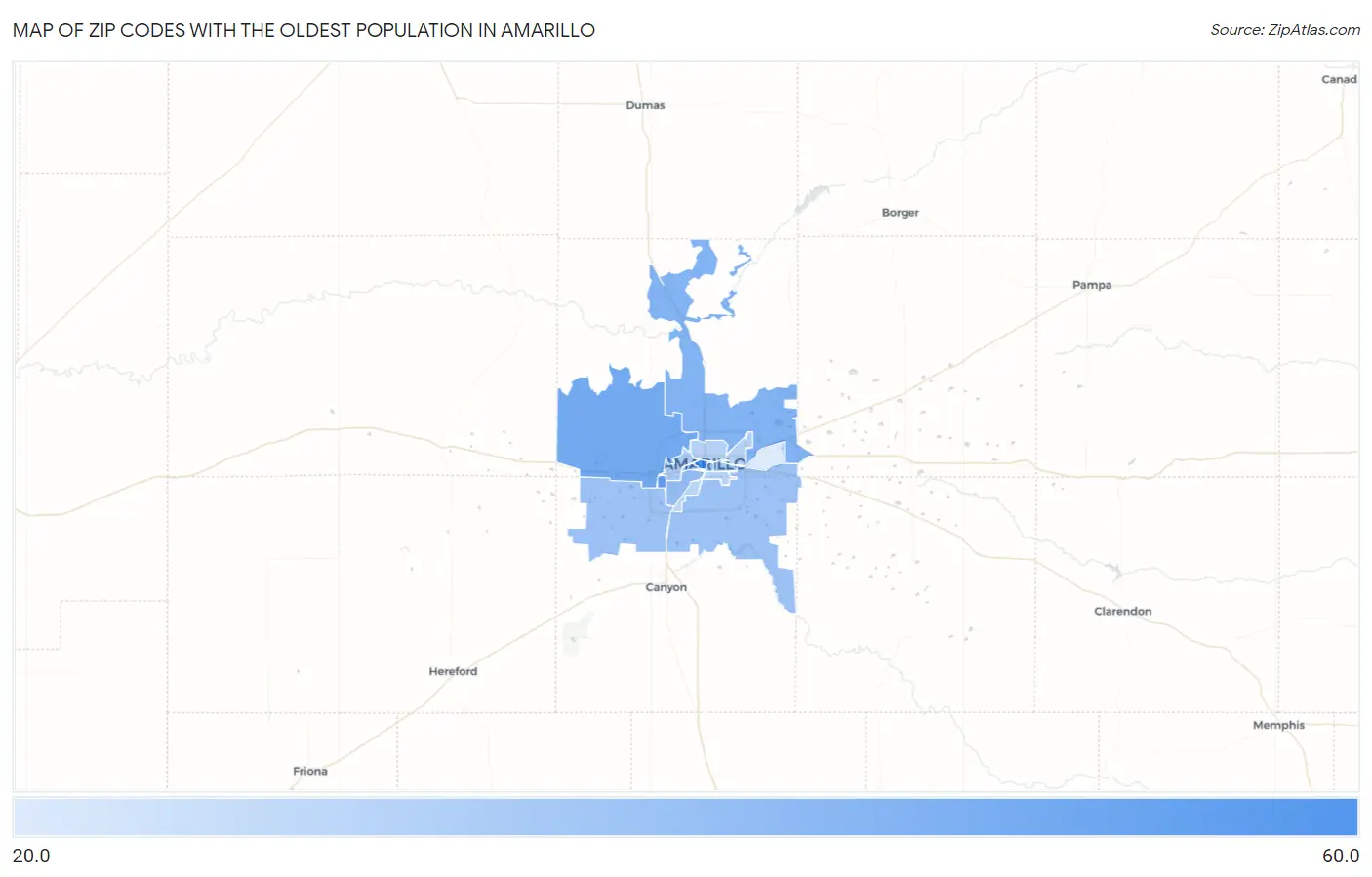 Zip Codes with the Oldest Population in Amarillo Map