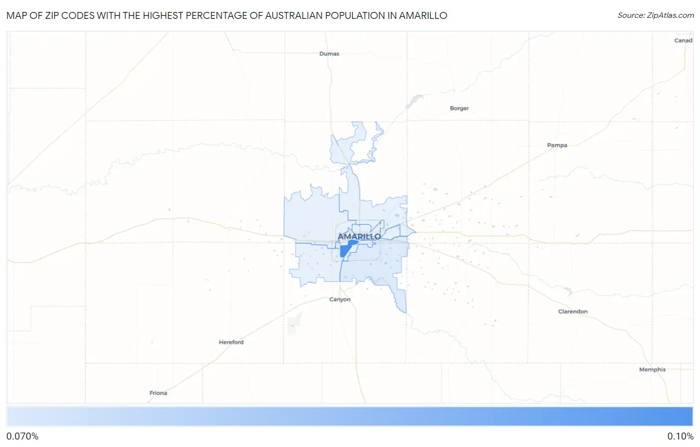 Zip Codes with the Highest Percentage of Australian Population in Amarillo Map