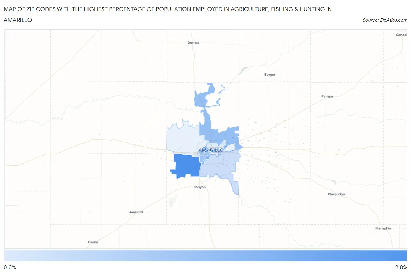 Zip Codes with the Highest Percentage of Population Employed in Agriculture, Fishing & Hunting in Amarillo Map