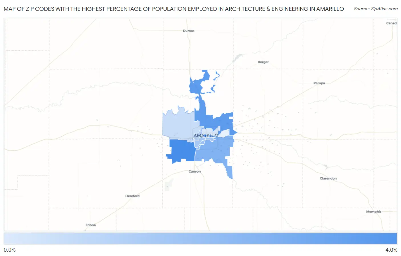 Zip Codes with the Highest Percentage of Population Employed in Architecture & Engineering in Amarillo Map