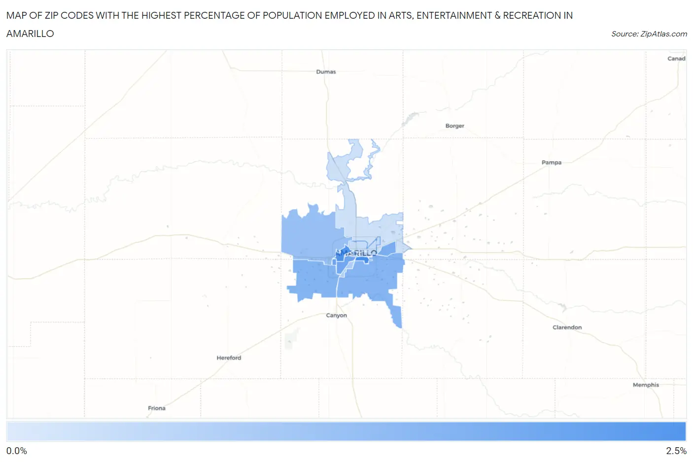 Zip Codes with the Highest Percentage of Population Employed in Arts, Entertainment & Recreation in Amarillo Map
