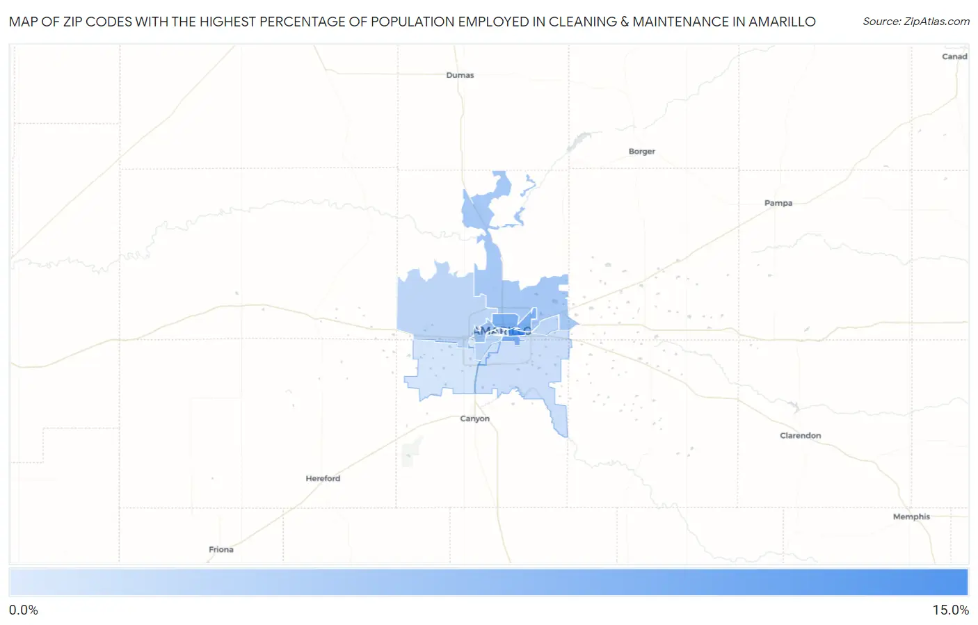 Zip Codes with the Highest Percentage of Population Employed in Cleaning & Maintenance in Amarillo Map
