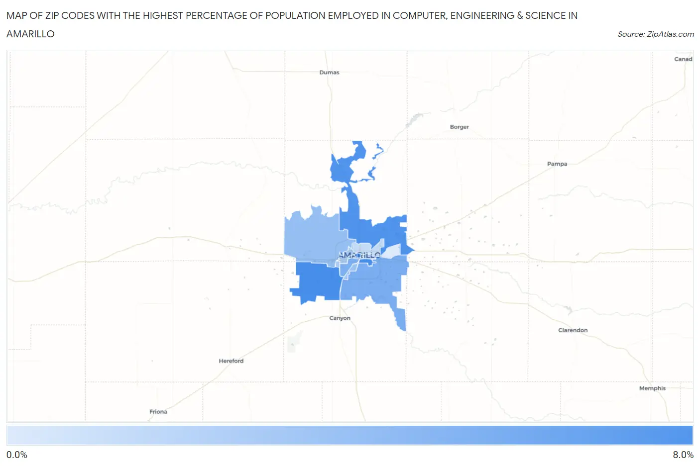 Zip Codes with the Highest Percentage of Population Employed in Computer, Engineering & Science in Amarillo Map