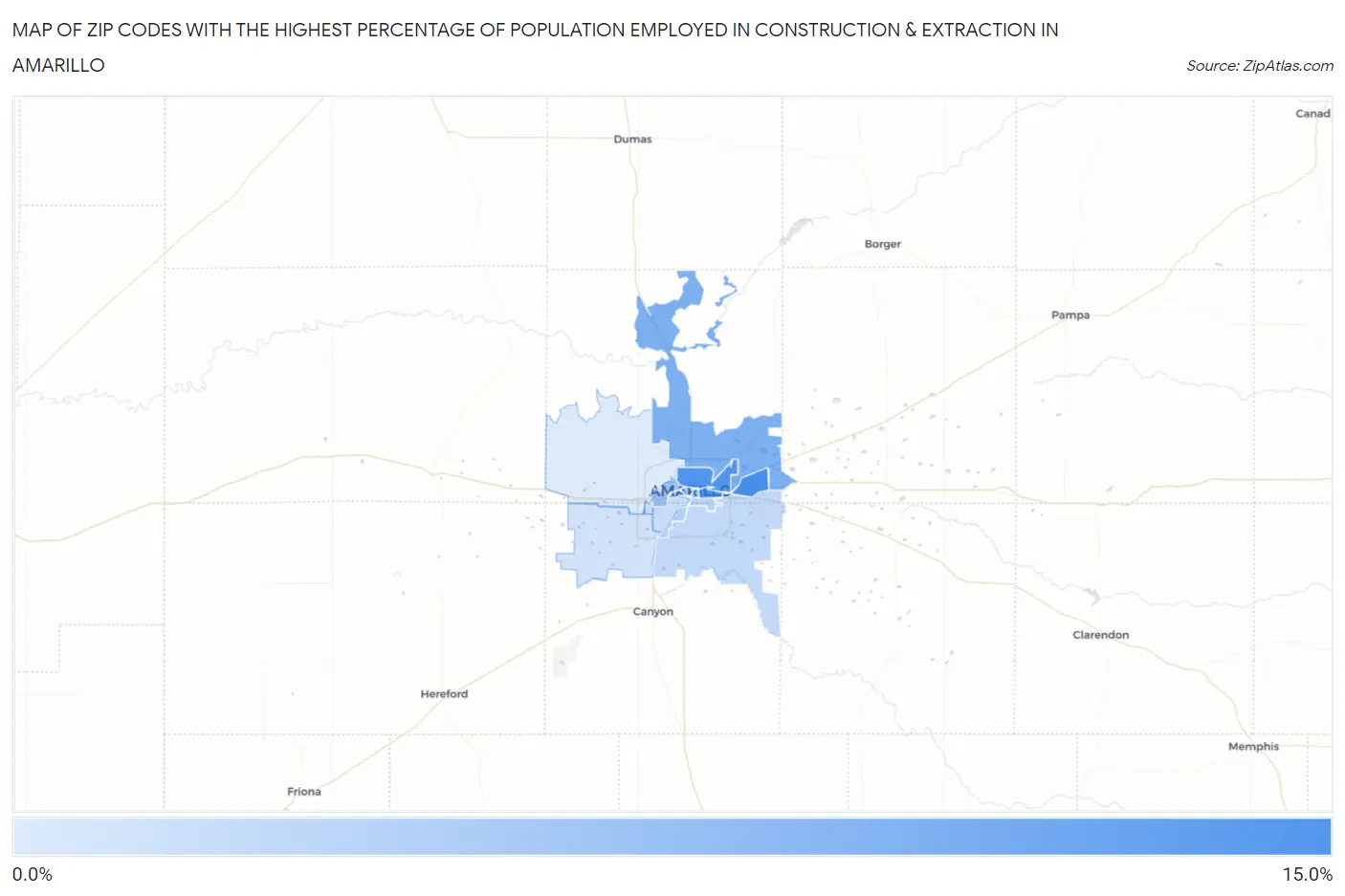 Zip Codes with the Highest Percentage of Population Employed in Construction & Extraction in Amarillo Map