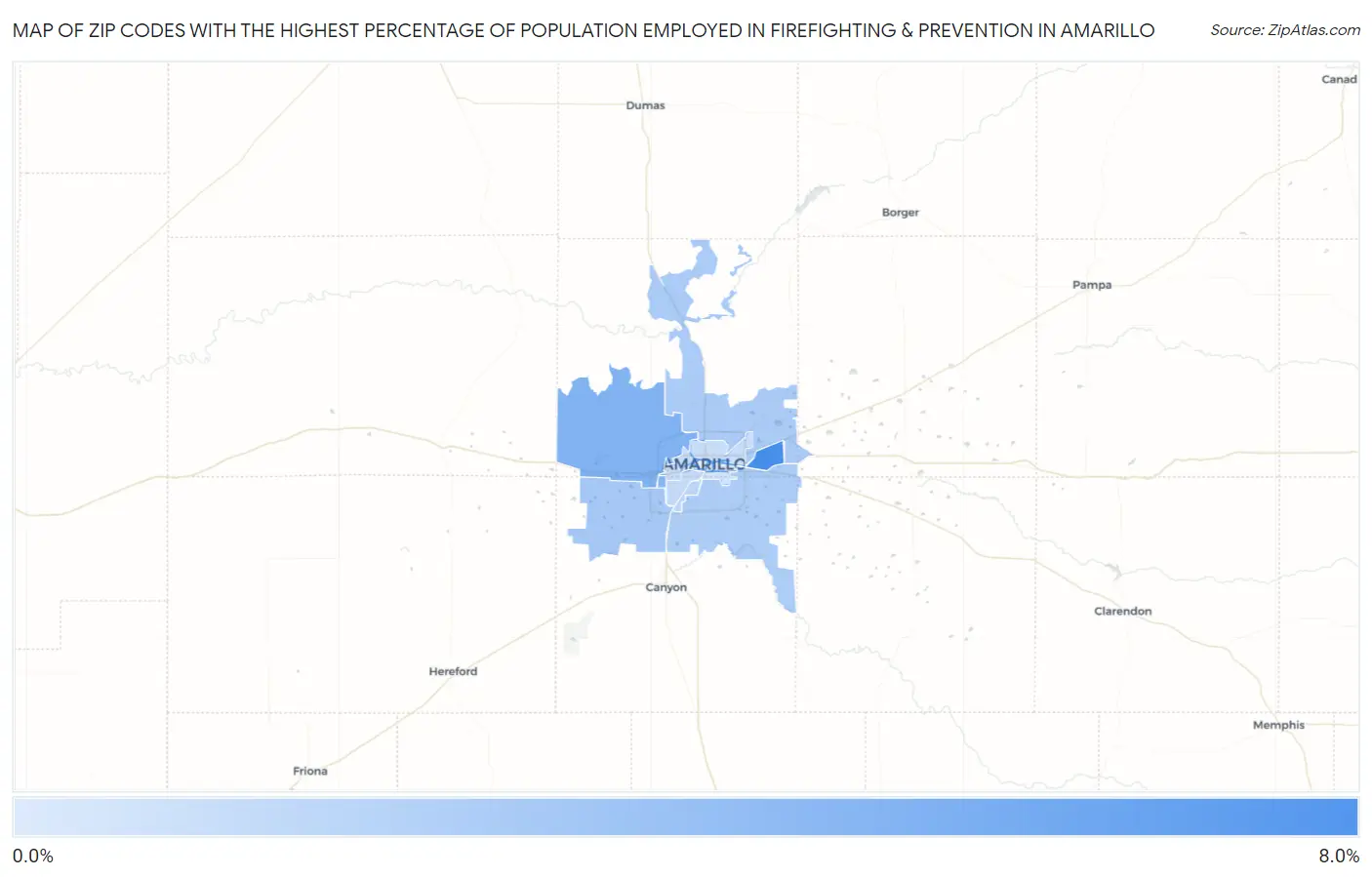 Zip Codes with the Highest Percentage of Population Employed in Firefighting & Prevention in Amarillo Map