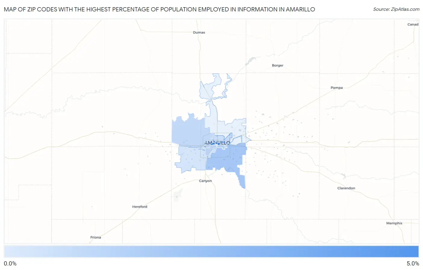 Zip Codes with the Highest Percentage of Population Employed in Information in Amarillo Map