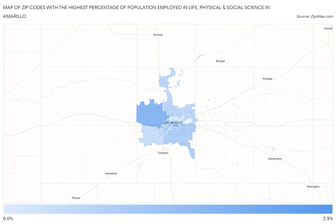 Zip Codes with the Highest Percentage of Population Employed in Life, Physical & Social Science in Amarillo Map