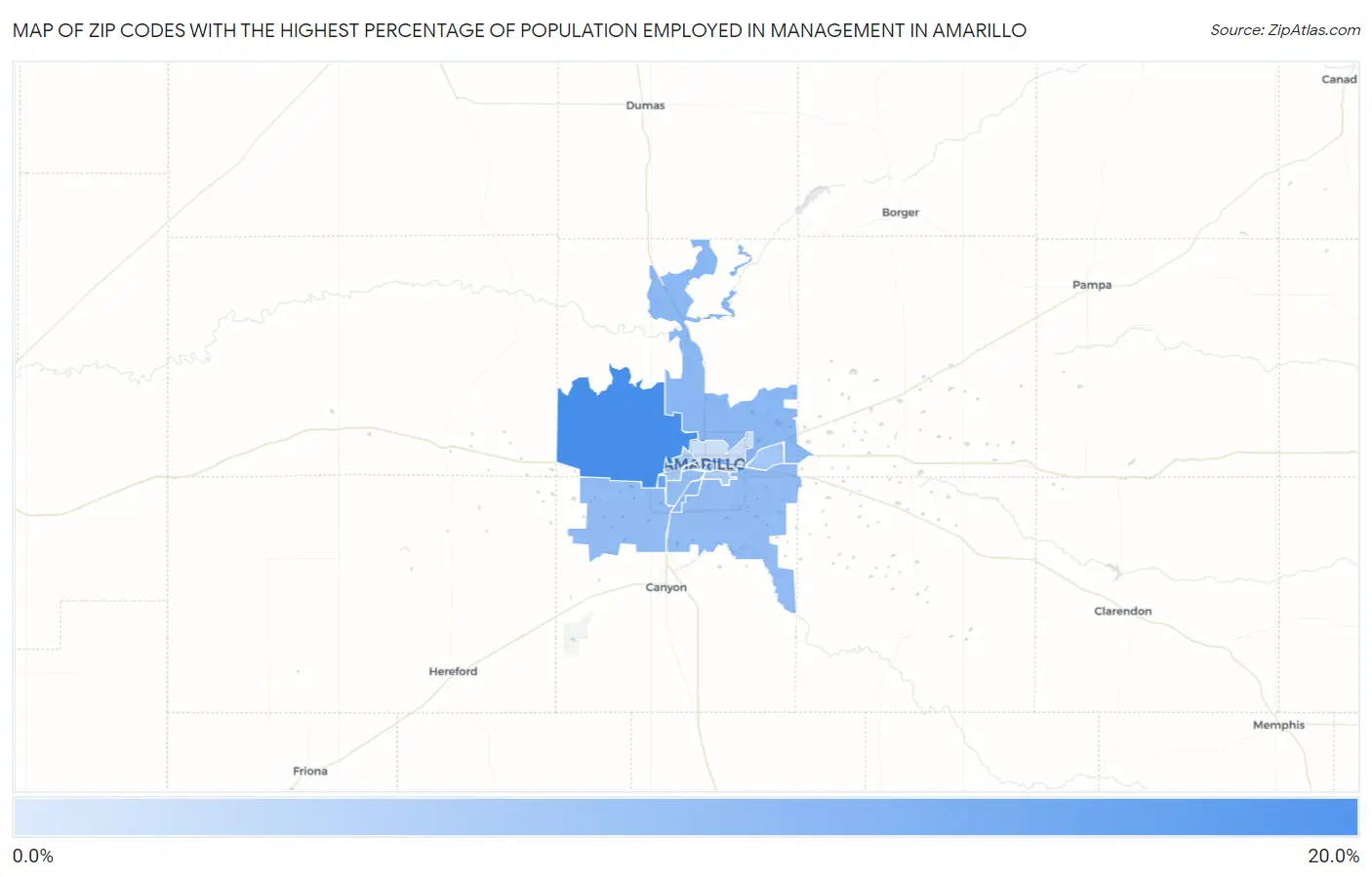 Zip Codes with the Highest Percentage of Population Employed in Management in Amarillo Map