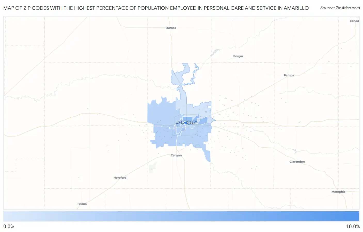 Zip Codes with the Highest Percentage of Population Employed in Personal Care and Service in Amarillo Map
