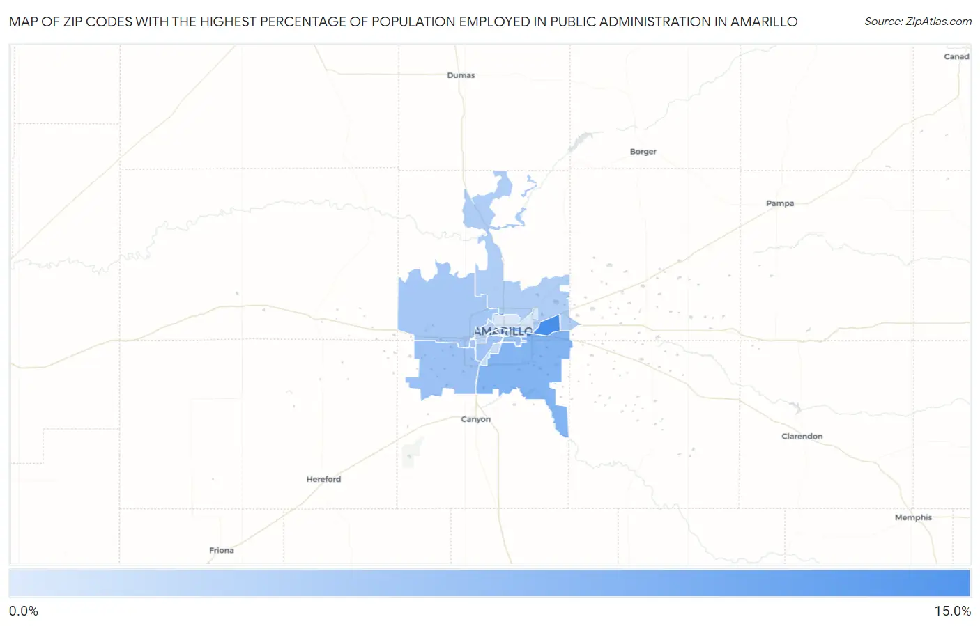 Zip Codes with the Highest Percentage of Population Employed in Public Administration in Amarillo Map