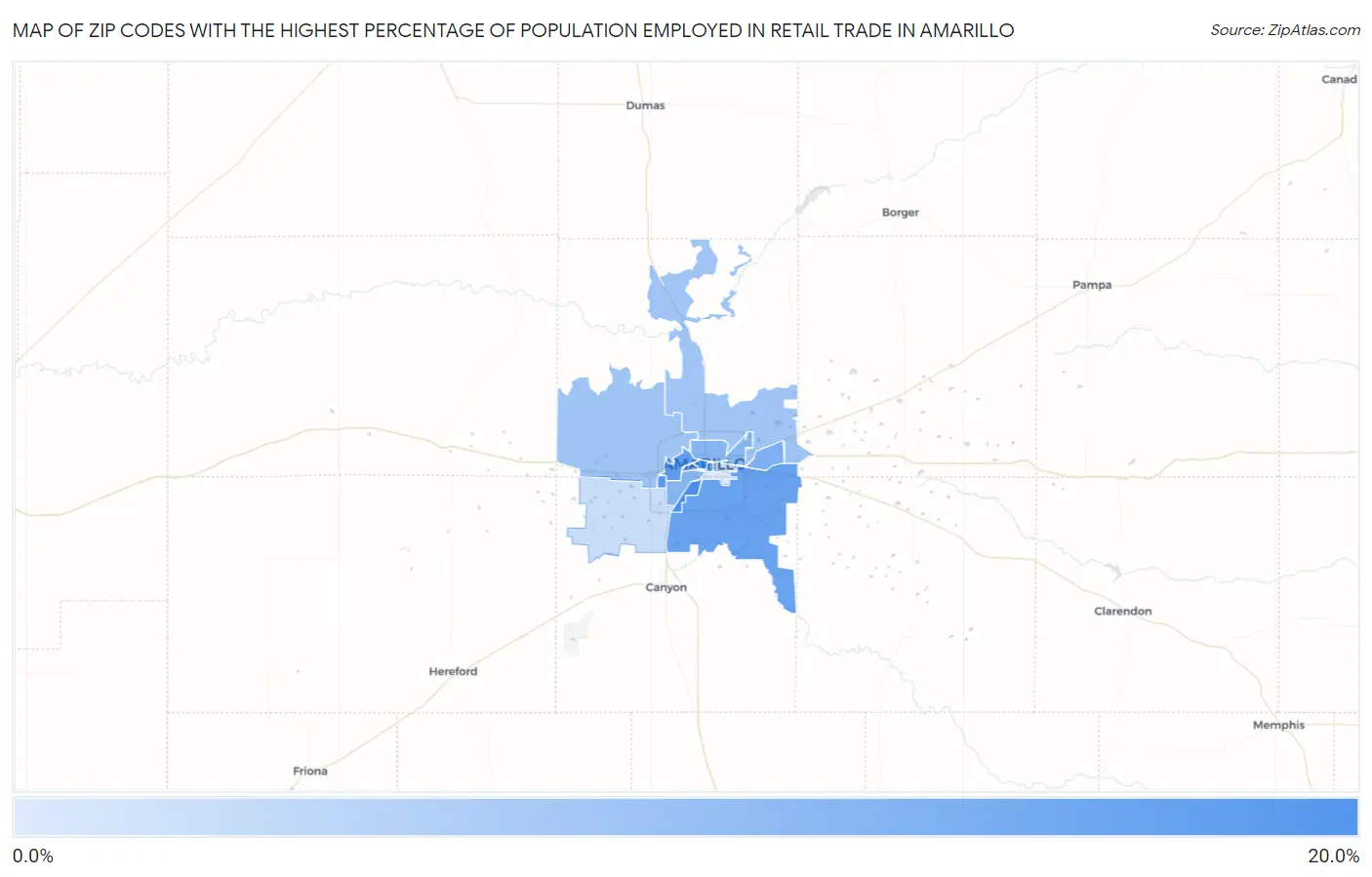 Zip Codes with the Highest Percentage of Population Employed in Retail Trade in Amarillo Map