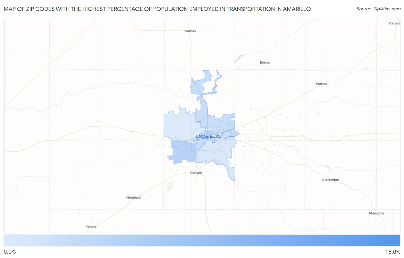 Zip Codes with the Highest Percentage of Population Employed in Transportation in Amarillo Map