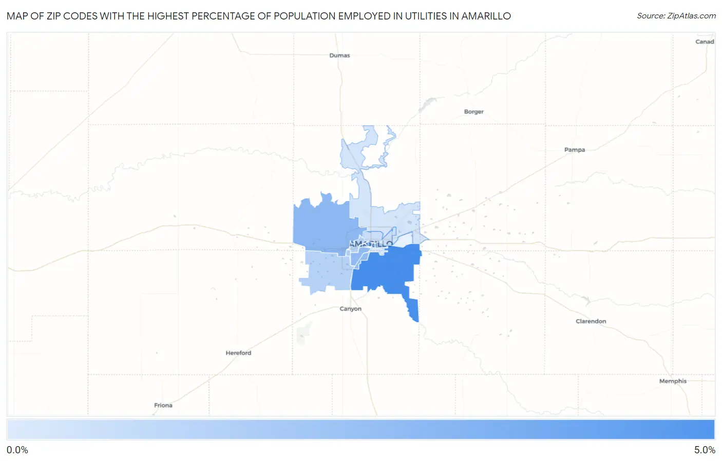 Zip Codes with the Highest Percentage of Population Employed in Utilities in Amarillo Map