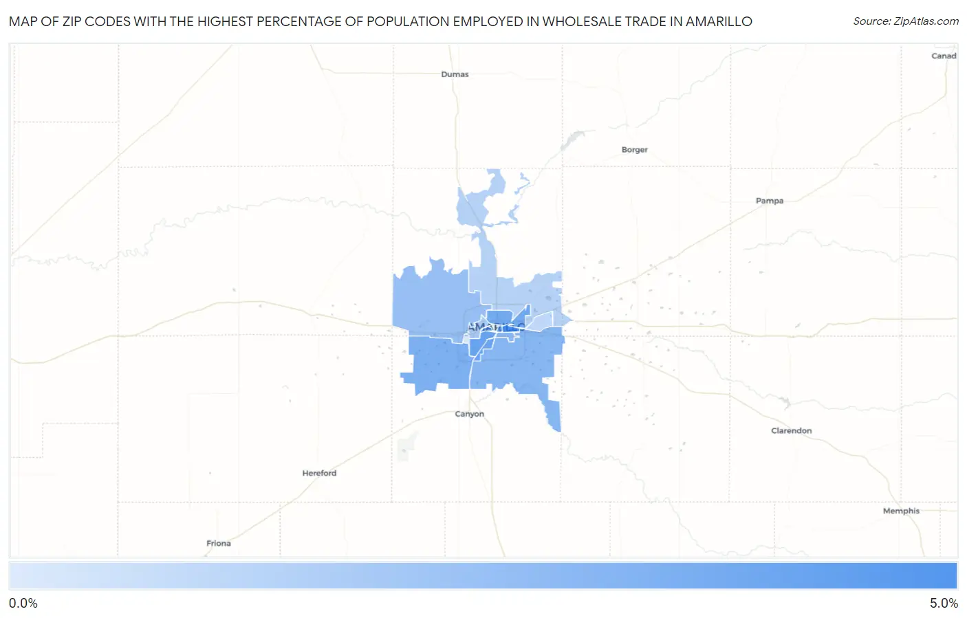 Zip Codes with the Highest Percentage of Population Employed in Wholesale Trade in Amarillo Map