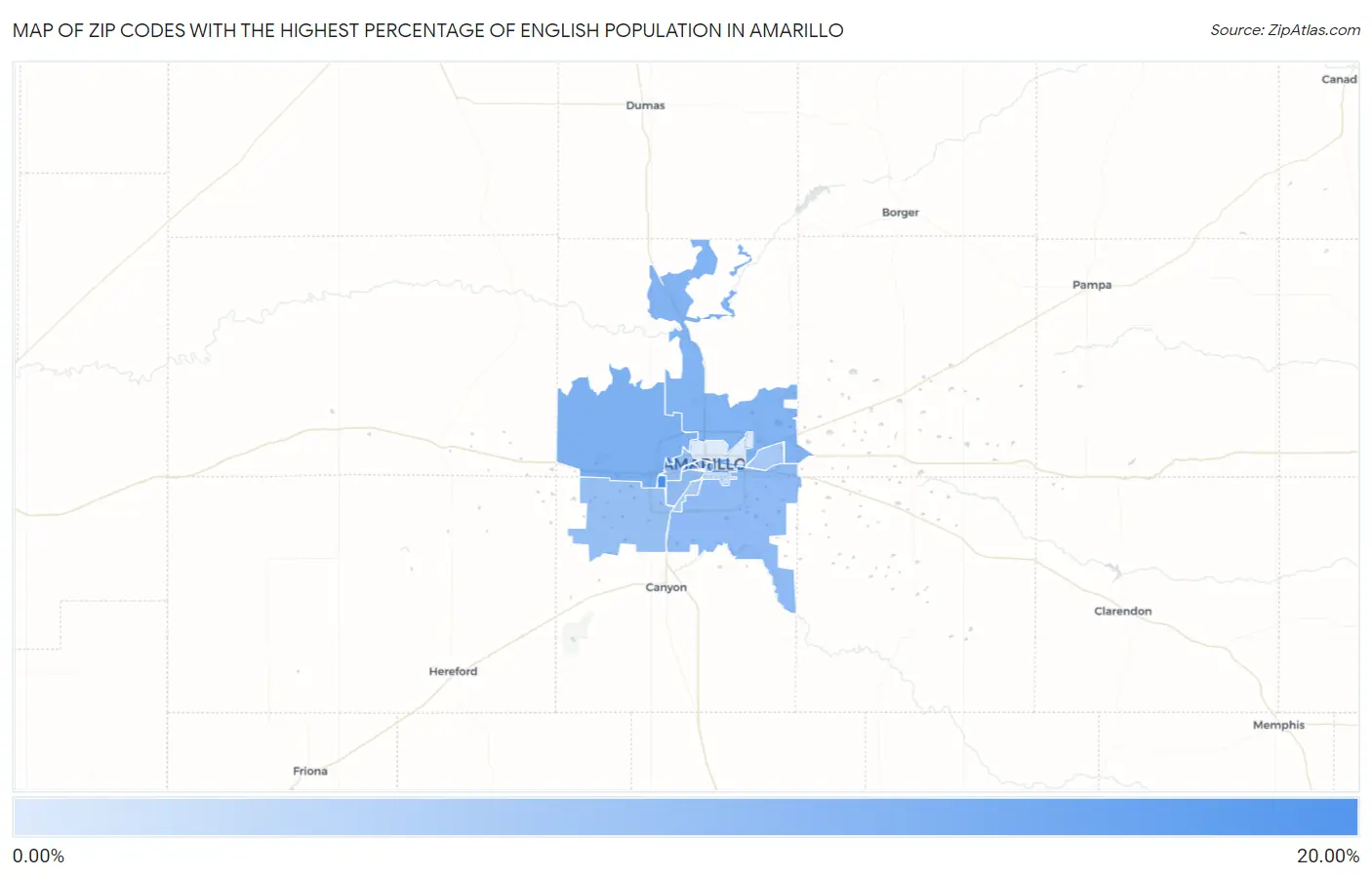 Zip Codes with the Highest Percentage of English Population in Amarillo Map