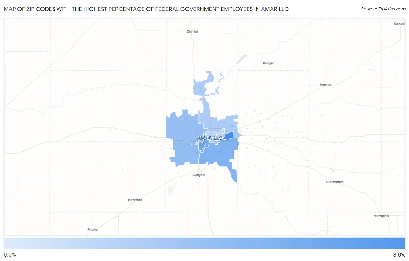 Zip Codes with the Highest Percentage of Federal Government Employees in Amarillo Map