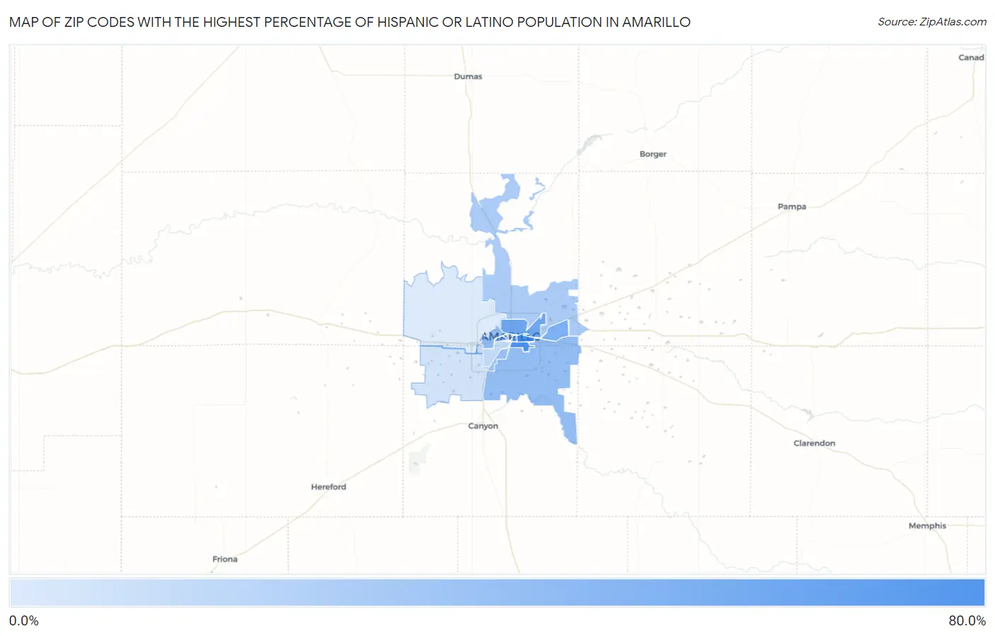 Zip Codes with the Highest Percentage of Hispanic or Latino Population in Amarillo Map