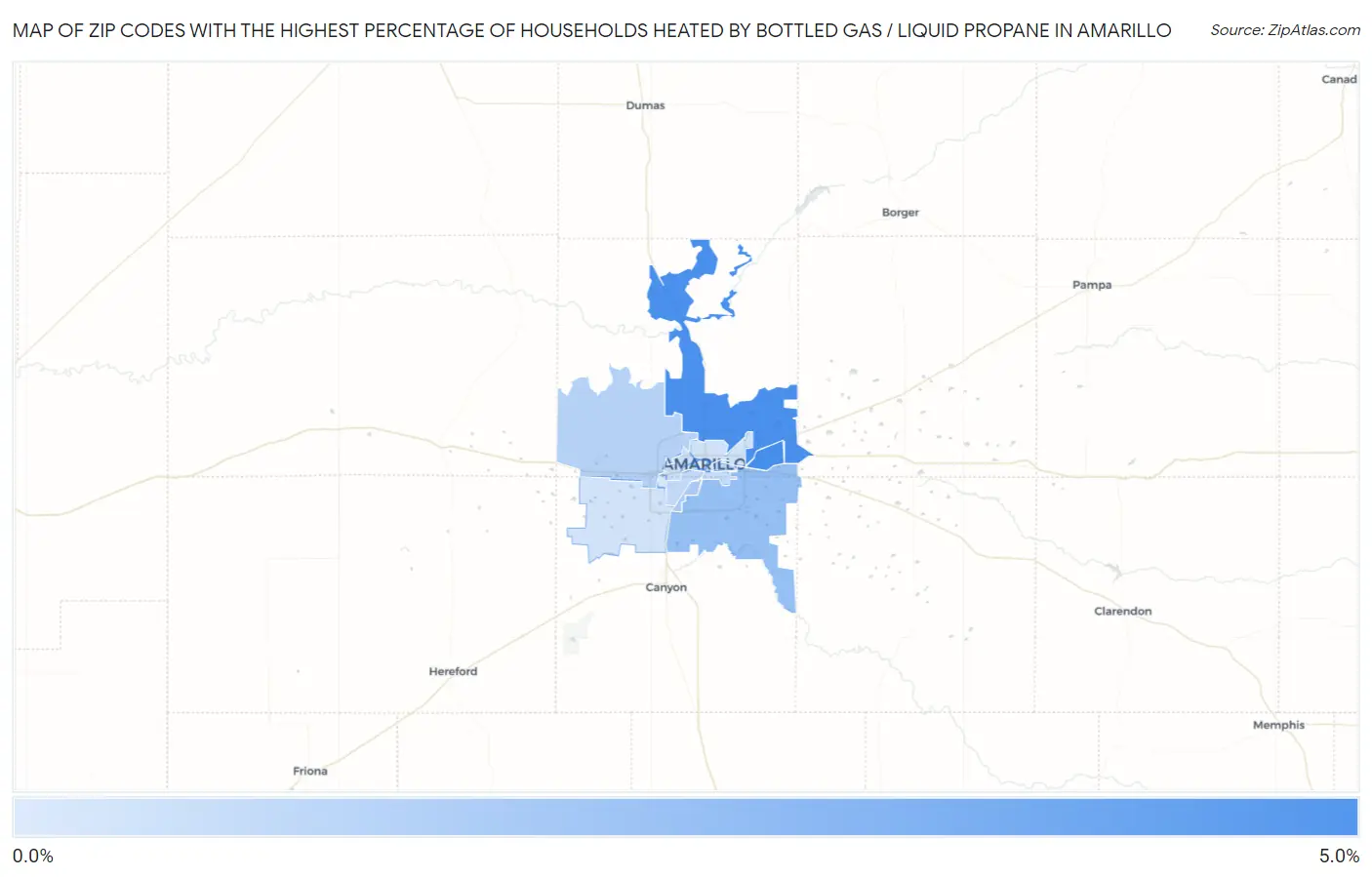 Zip Codes with the Highest Percentage of Households Heated by Bottled Gas / Liquid Propane in Amarillo Map