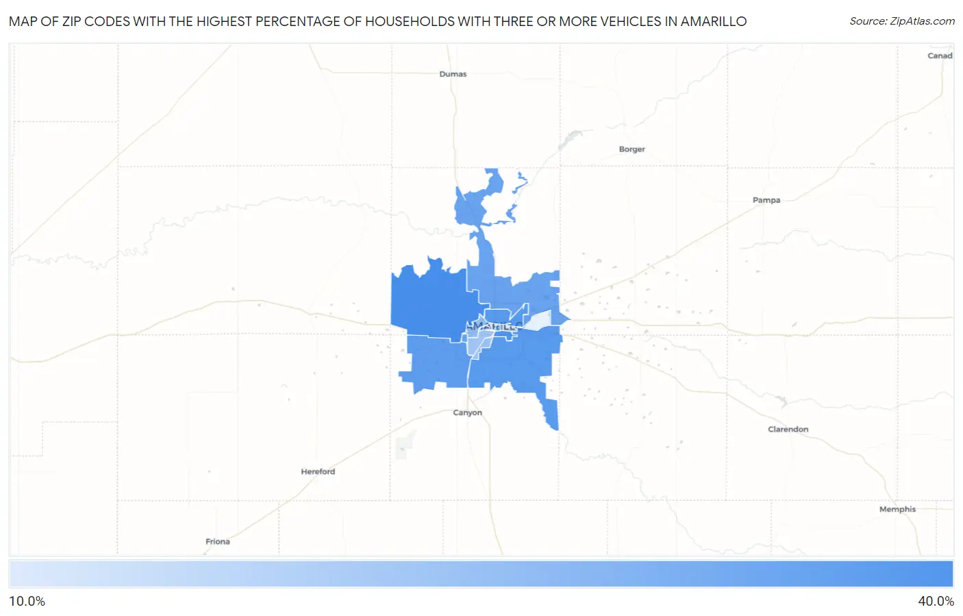 Zip Codes with the Highest Percentage of Households With Three or more Vehicles in Amarillo Map