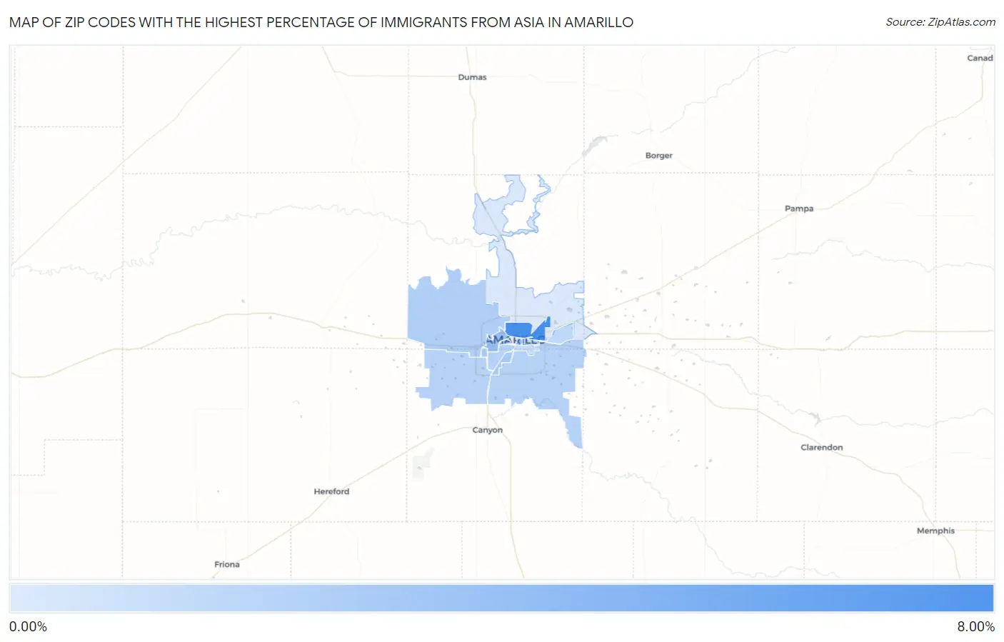 Zip Codes with the Highest Percentage of Immigrants from Asia in Amarillo Map