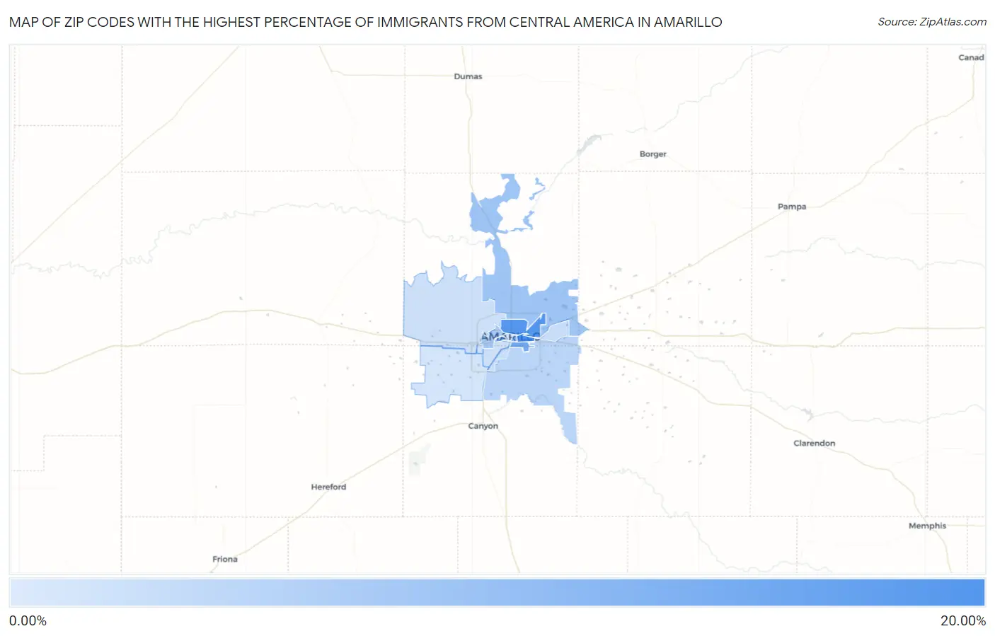Zip Codes with the Highest Percentage of Immigrants from Central America in Amarillo Map