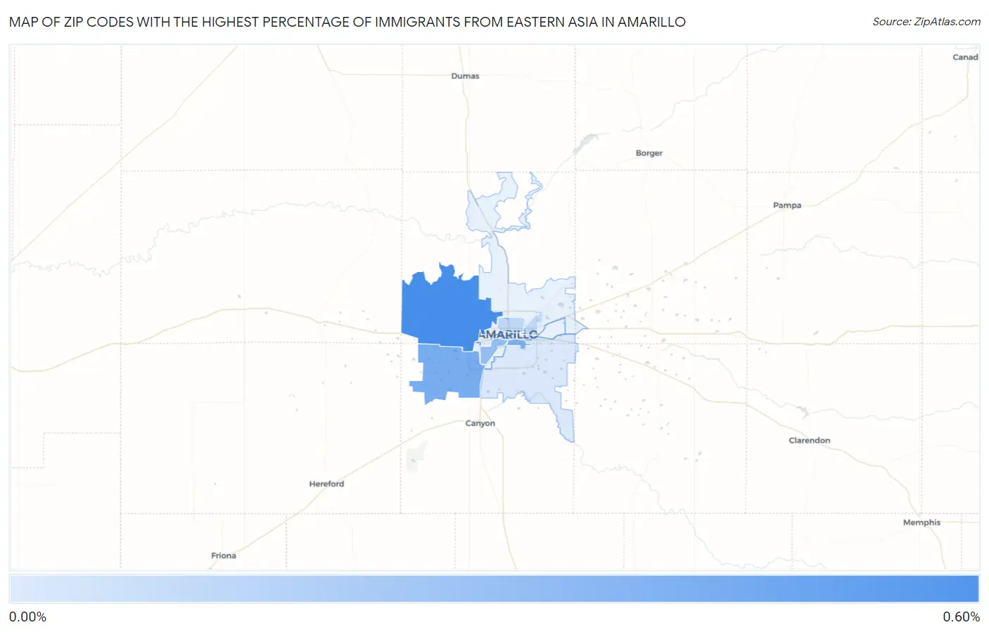 Zip Codes with the Highest Percentage of Immigrants from Eastern Asia in Amarillo Map