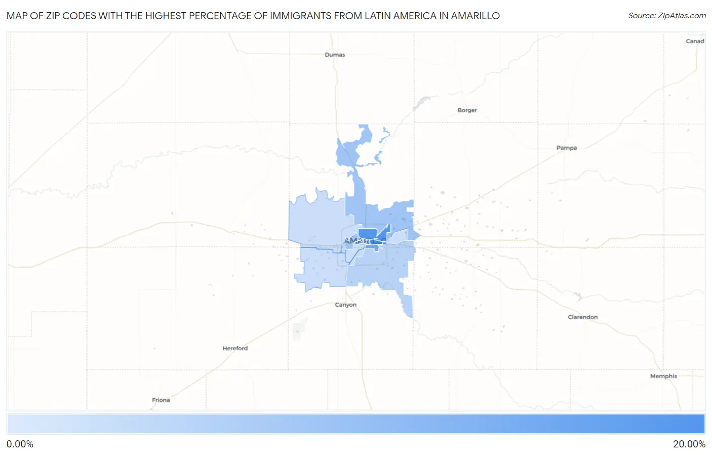 Zip Codes with the Highest Percentage of Immigrants from Latin America in Amarillo Map