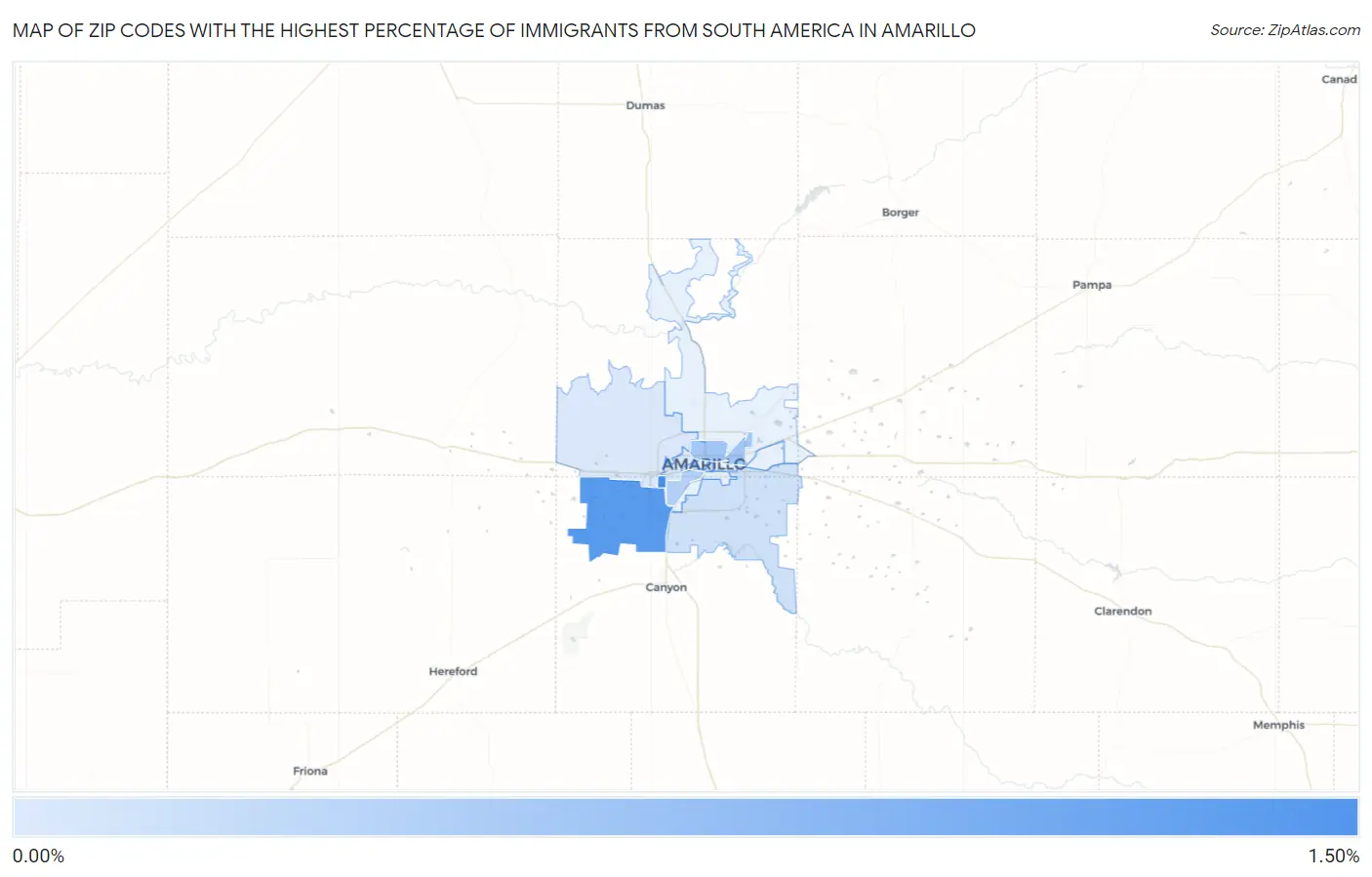 Zip Codes with the Highest Percentage of Immigrants from South America in Amarillo Map