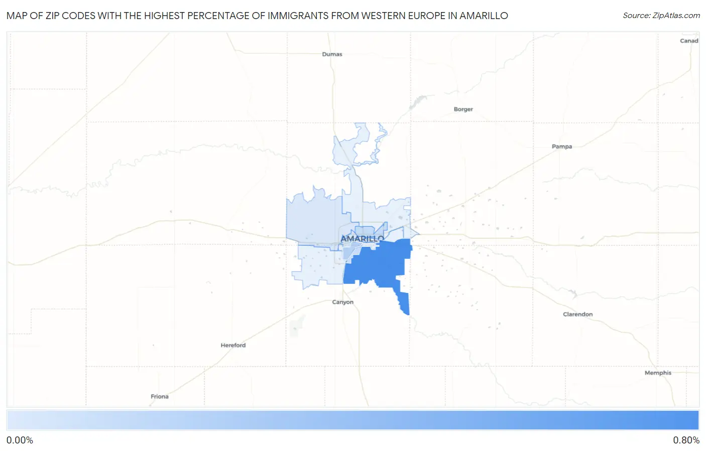 Zip Codes with the Highest Percentage of Immigrants from Western Europe in Amarillo Map
