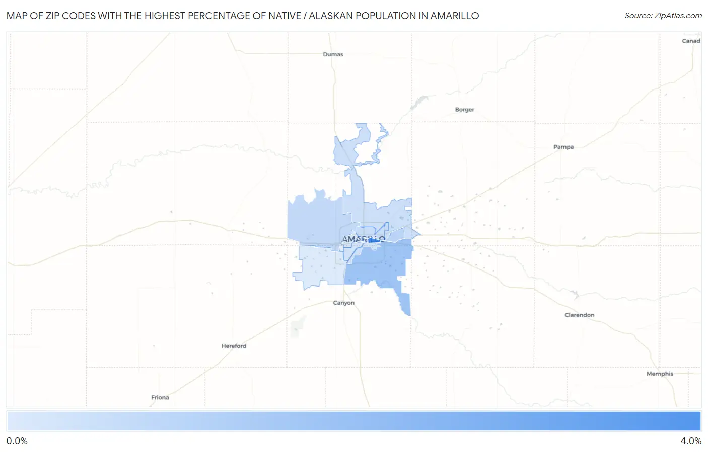 Zip Codes with the Highest Percentage of Native / Alaskan Population in Amarillo Map