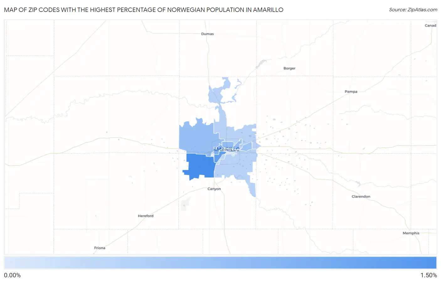 Zip Codes with the Highest Percentage of Norwegian Population in Amarillo Map