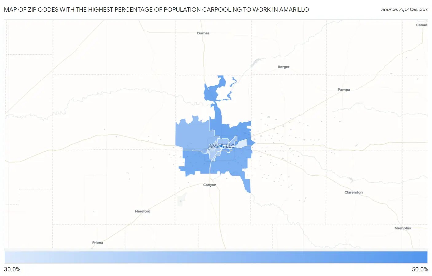 Zip Codes with the Highest Percentage of Population Carpooling to Work in Amarillo Map