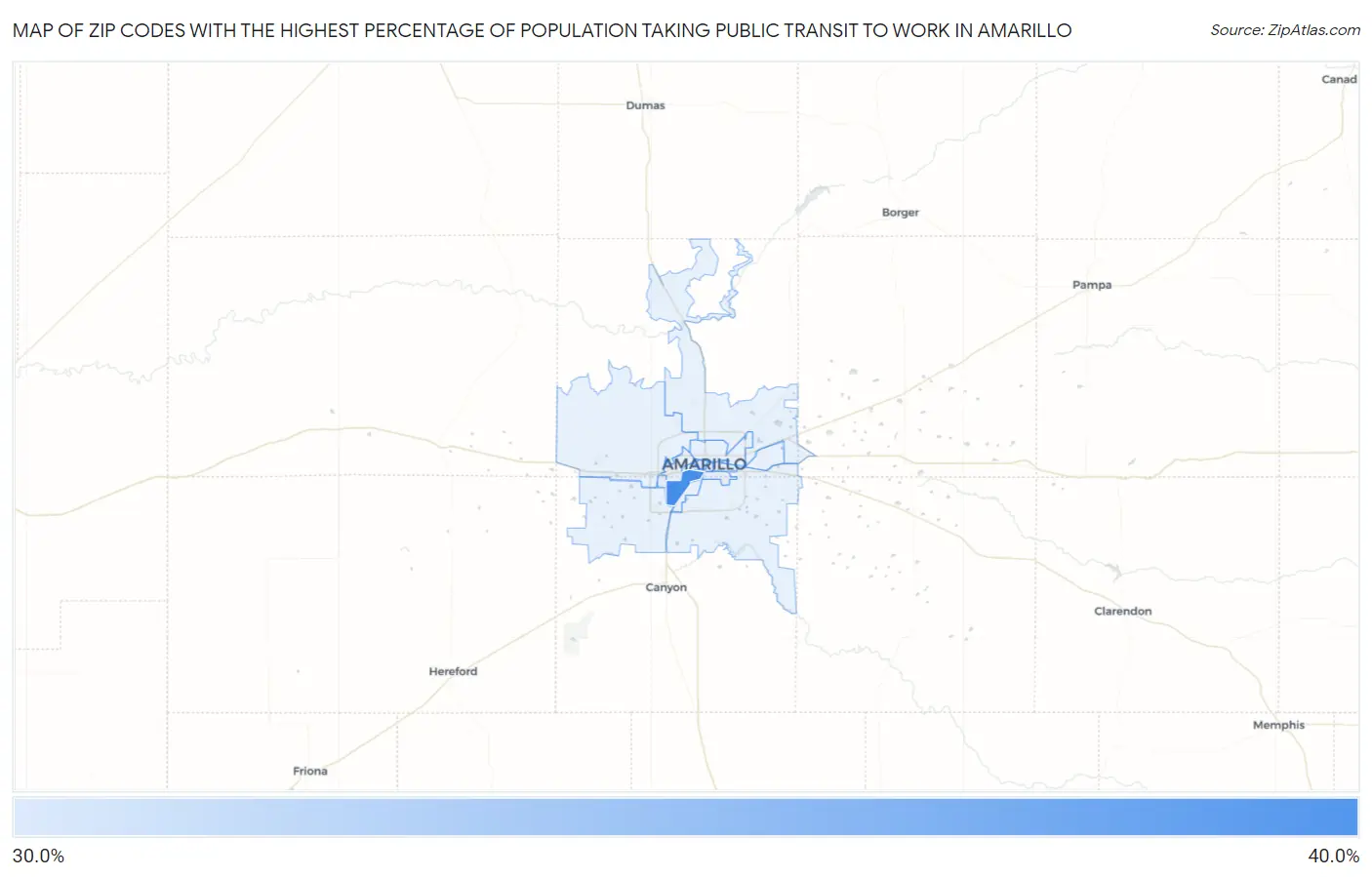 Zip Codes with the Highest Percentage of Population Taking Public Transit to Work in Amarillo Map