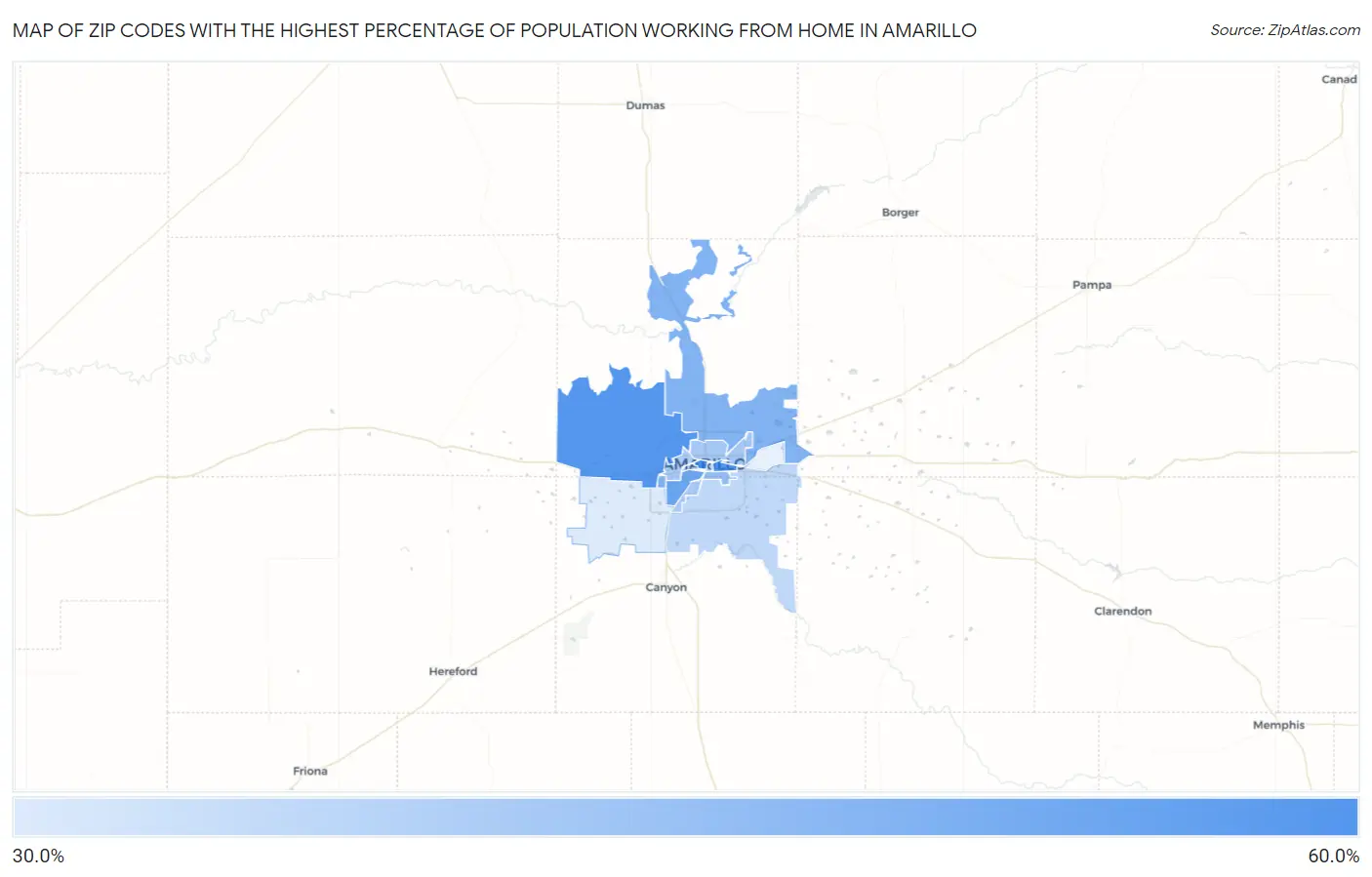 Zip Codes with the Highest Percentage of Population Working from Home in Amarillo Map