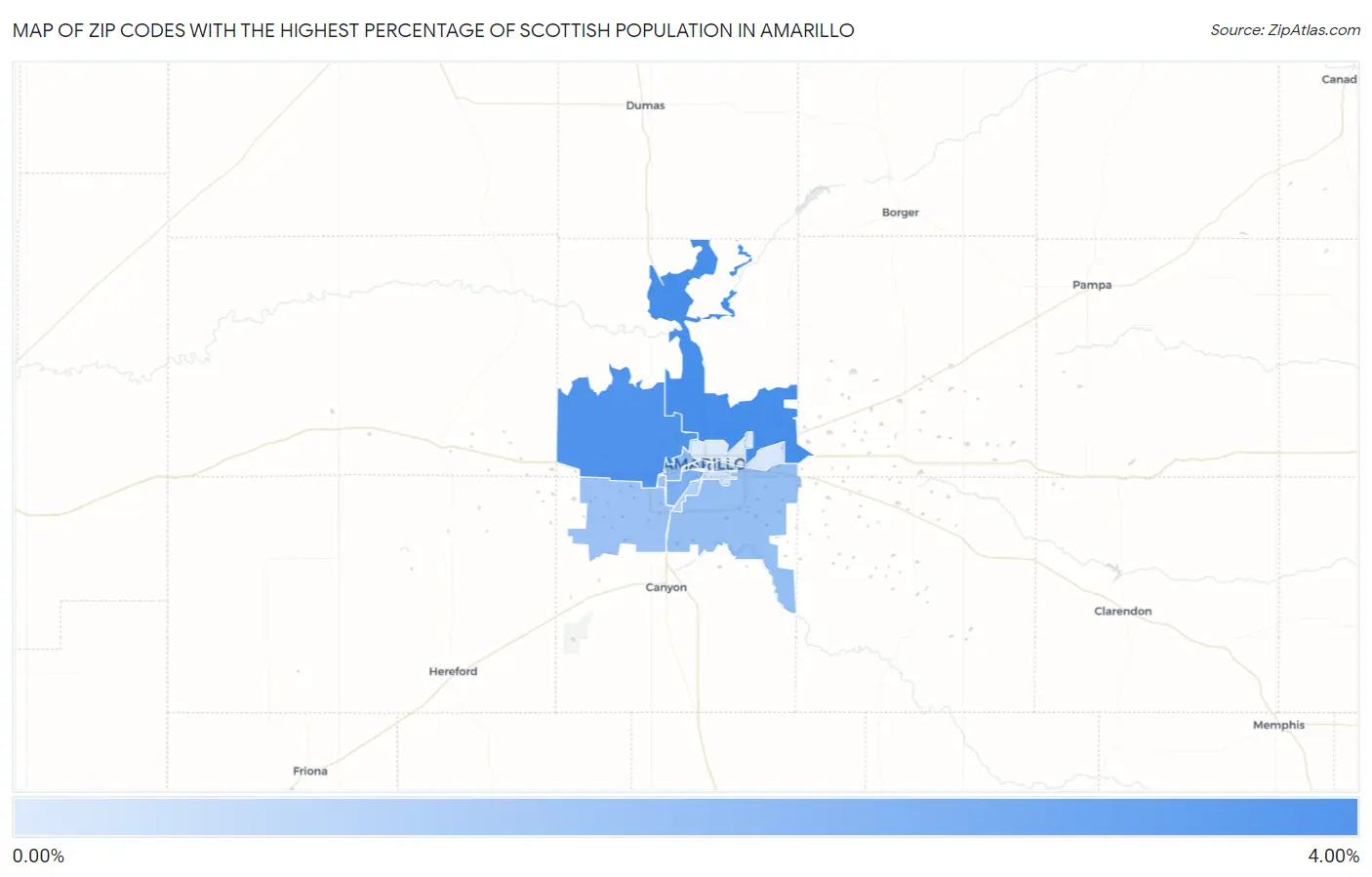 Zip Codes with the Highest Percentage of Scottish Population in Amarillo Map