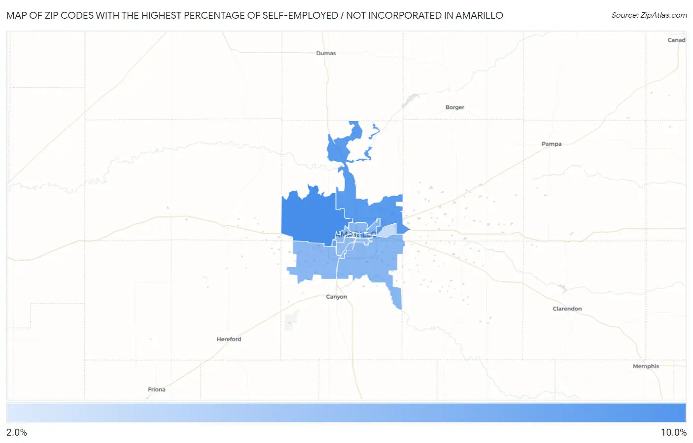 Zip Codes with the Highest Percentage of Self-Employed / Not Incorporated in Amarillo Map