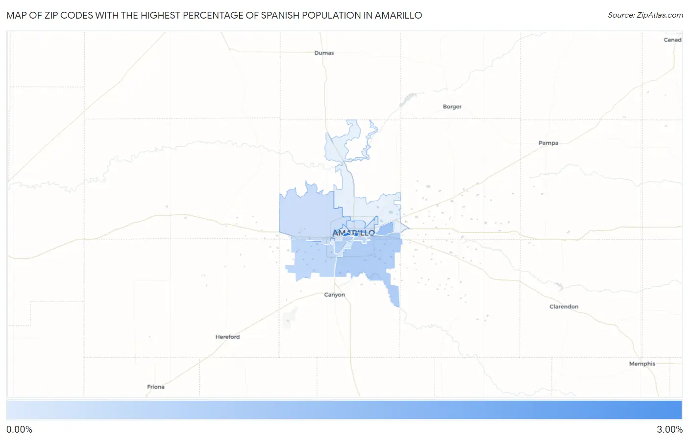 Zip Codes with the Highest Percentage of Spanish Population in Amarillo Map
