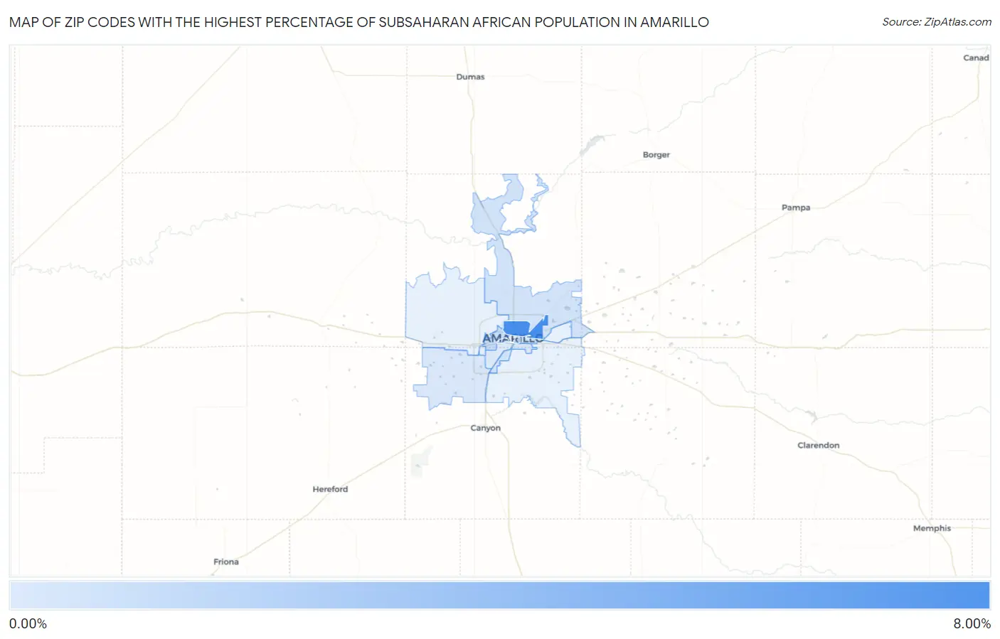 Zip Codes with the Highest Percentage of Subsaharan African Population in Amarillo Map