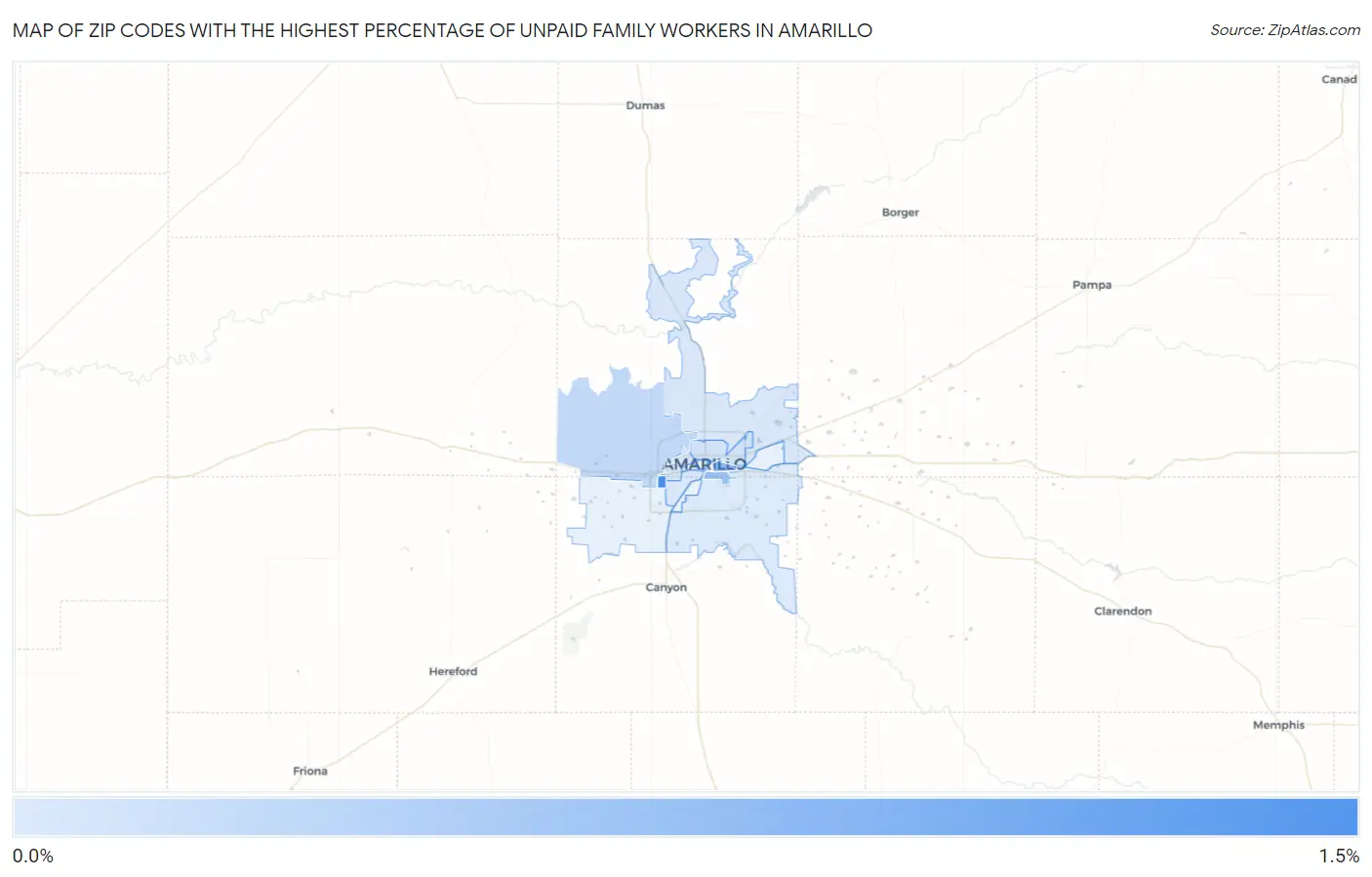 Zip Codes with the Highest Percentage of Unpaid Family Workers in Amarillo Map