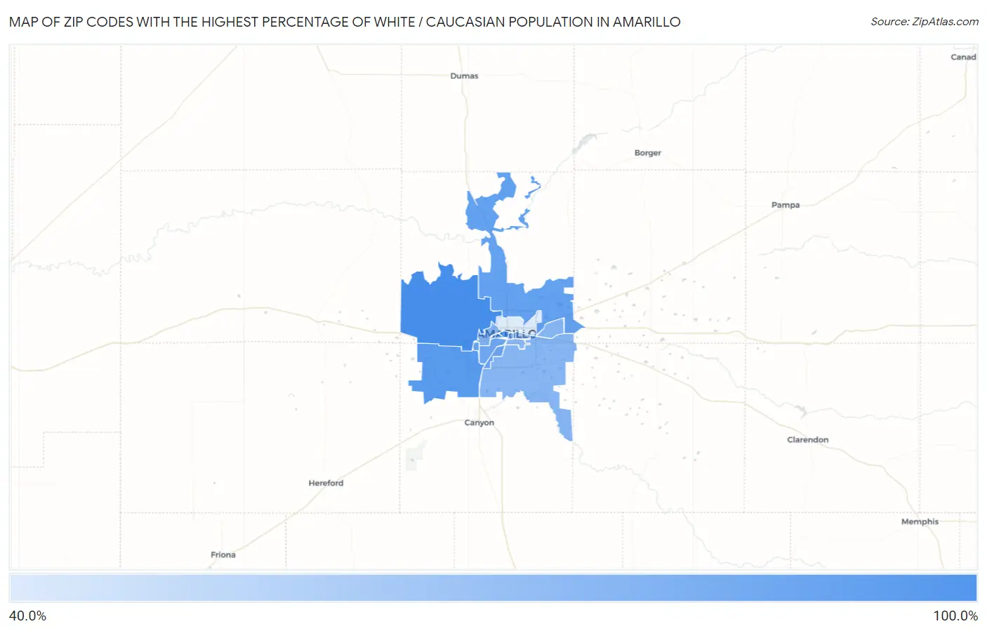 Zip Codes with the Highest Percentage of White / Caucasian Population in Amarillo Map