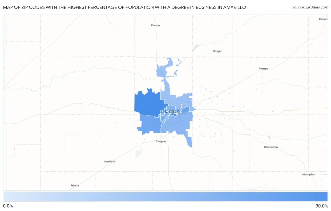 Zip Codes with the Highest Percentage of Population with a Degree in Business in Amarillo Map