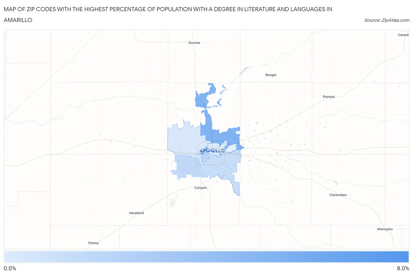 Zip Codes with the Highest Percentage of Population with a Degree in Literature and Languages in Amarillo Map
