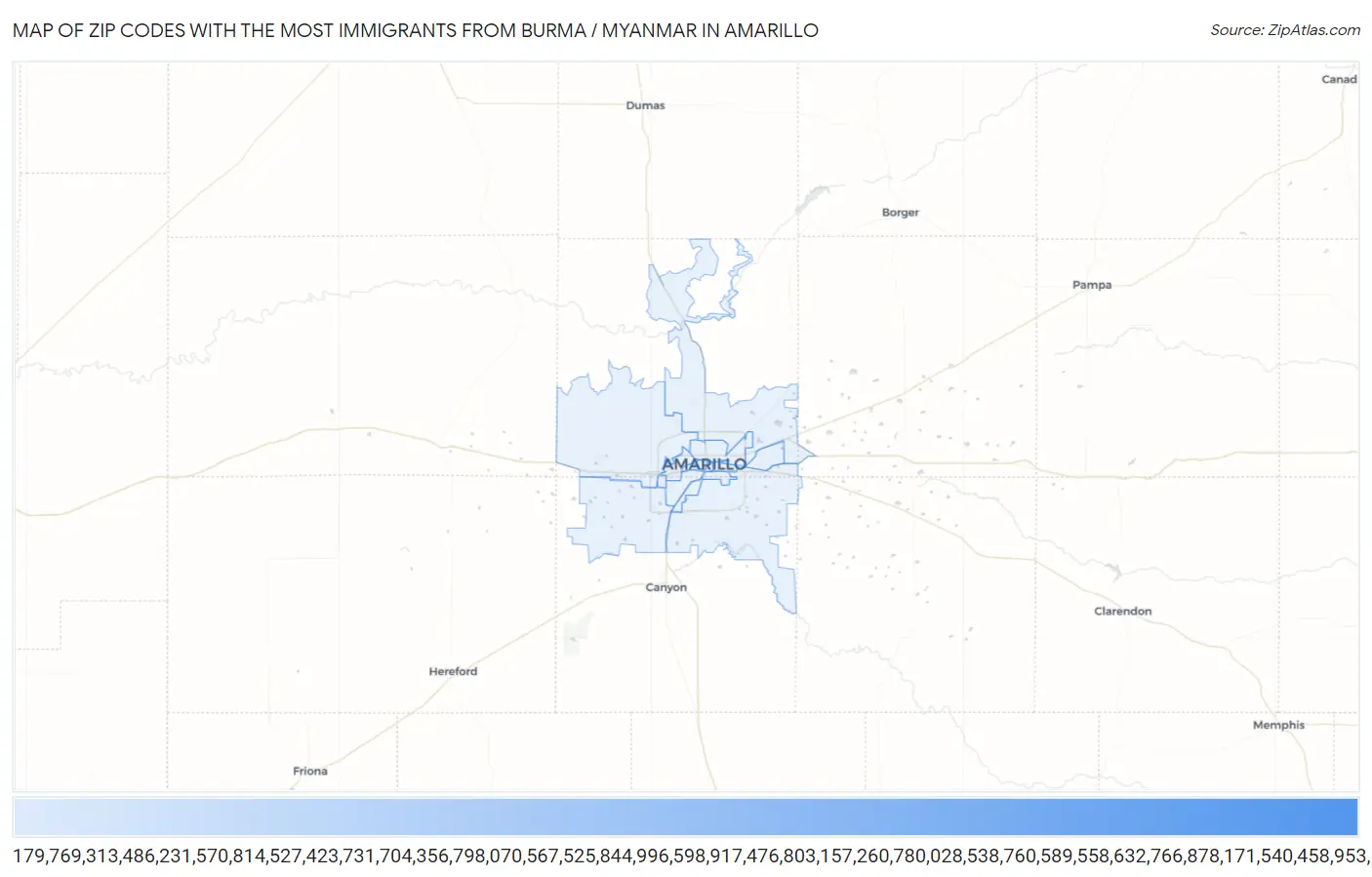 Zip Codes with the Most Immigrants from Burma / Myanmar in Amarillo Map