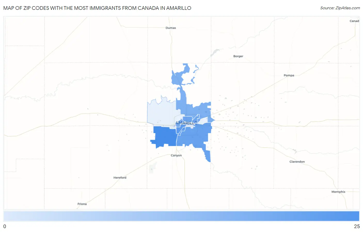 Zip Codes with the Most Immigrants from Canada in Amarillo Map