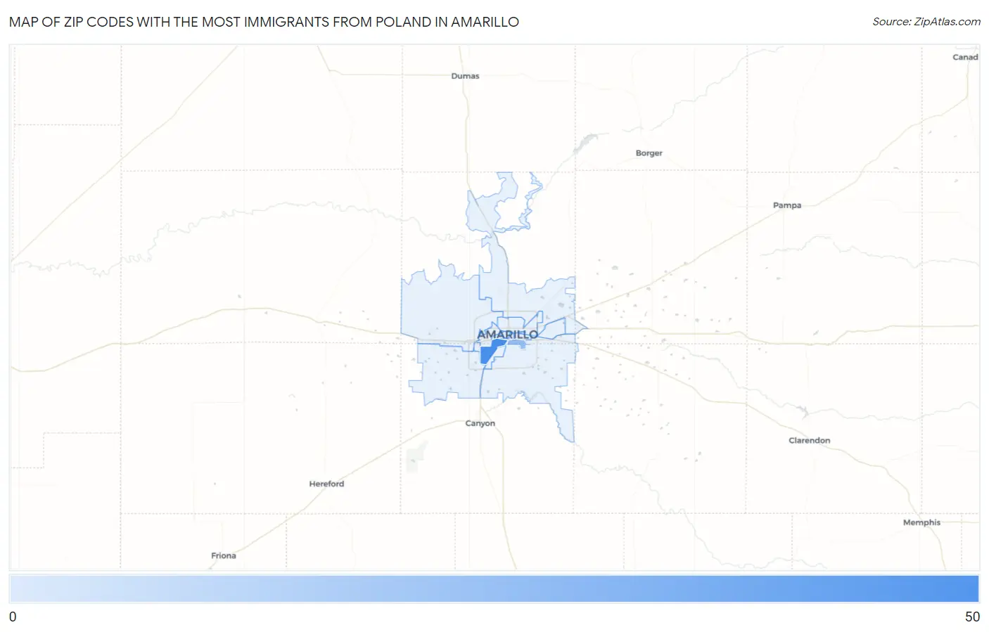 Zip Codes with the Most Immigrants from Poland in Amarillo Map