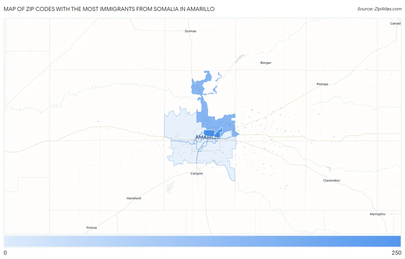 Zip Codes with the Most Immigrants from Somalia in Amarillo Map