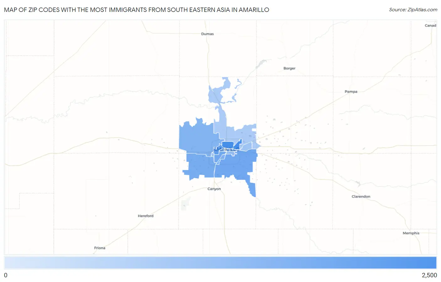 Zip Codes with the Most Immigrants from South Eastern Asia in Amarillo Map