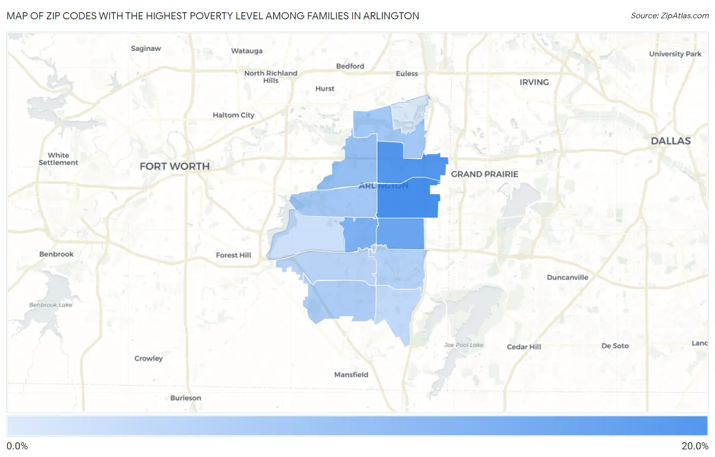 Zip Codes with the Highest Poverty Level Among Families in Arlington Map